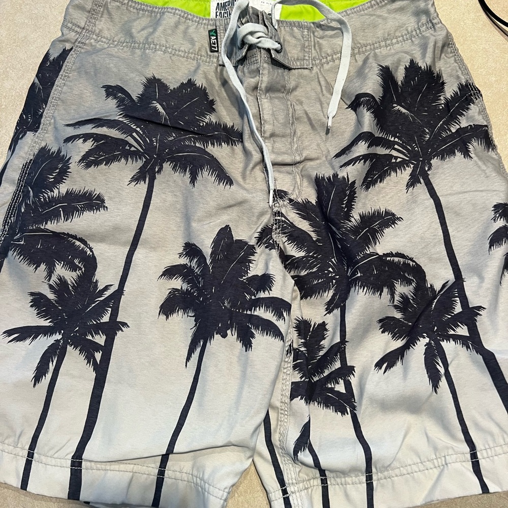 American Eagle Outfitters Gray and Black Palm Swim Shorts